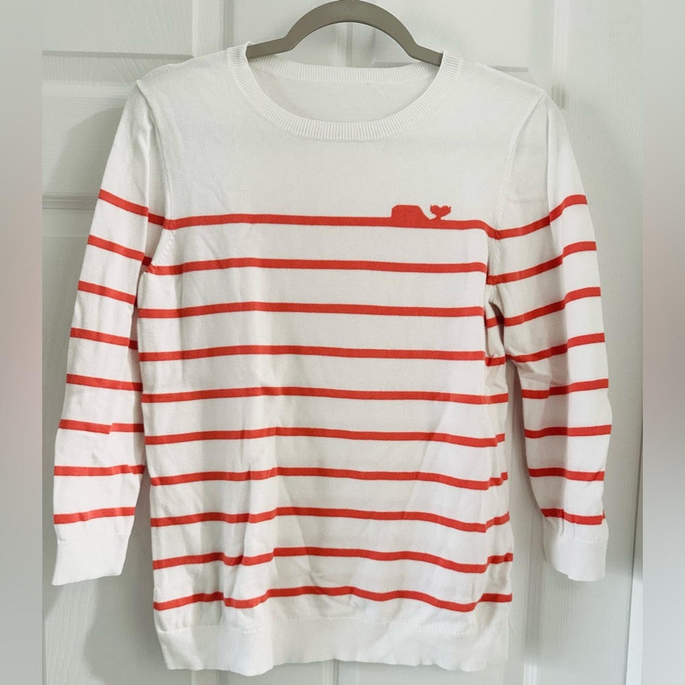 Vineyard Vines White and Orange Striped Knit Whale Sweater